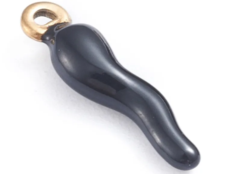 Breloque corne italienne en émail noir sur acier inoxydable 304 plaqué or