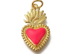 Breloque cœur émaillée en laiton doré à l’or fin – Rose