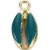 Breloque émaillée et dorée - Coquillage cauri bleu pétrole - 17 x 8,5 mm