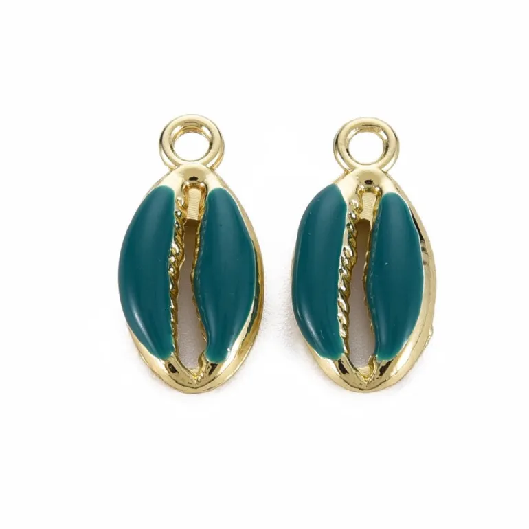 Breloque émaillée et dorée - Coquillage cauri bleu pétrole - 17 x 8,5 mm