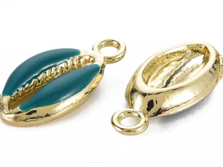 Breloque émaillée et dorée - Coquillage cauri bleu pétrole - 17 x 8,5 mm