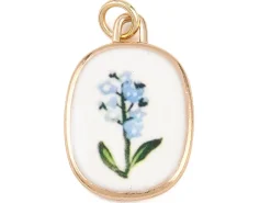 Breloque ovale fleur bleue - laiton doré clair