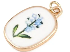Breloque ovale fleur bleue - laiton doré clair