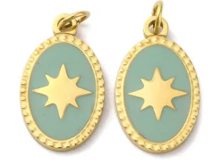 Breloque ovale vert océan avec étoile - doré or fin 18K