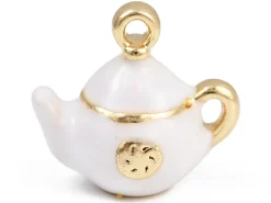 Breloque théière blanche émaillée - doré