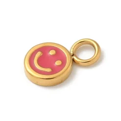 Breloque visage souriant en émail cerise sur acier inoxydable 304 plaqué or 14K