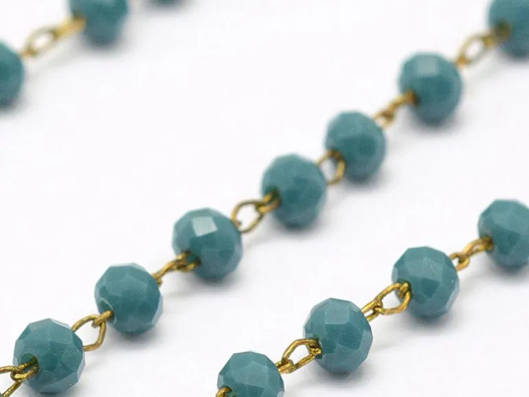 Chaine laiton avec perles en verre - bleu canard