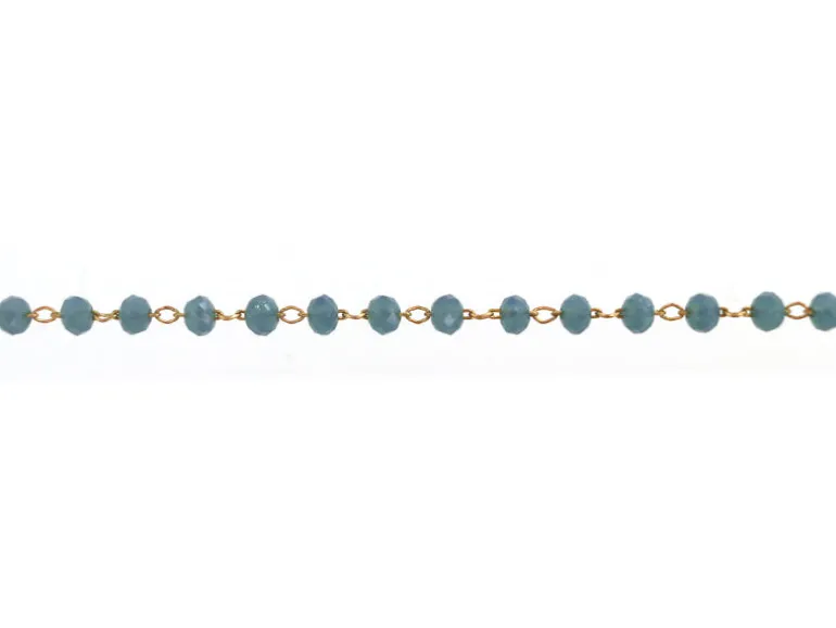 Chaine laiton avec perles en verre - bleu canard