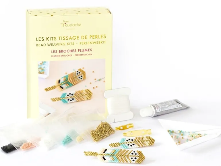 Kit Rose Moustache - tissage de perles miyuki - les broches plumes