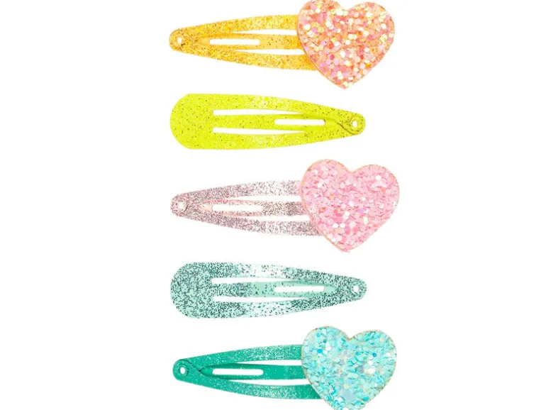 Lot de 5 Barrettes Héloise - Coeur pailleté - Rose, bleu et orange
