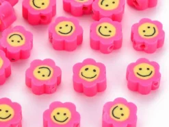 Lot de 20 perles en pâte polymère - fleur émoticône - Rose foncé