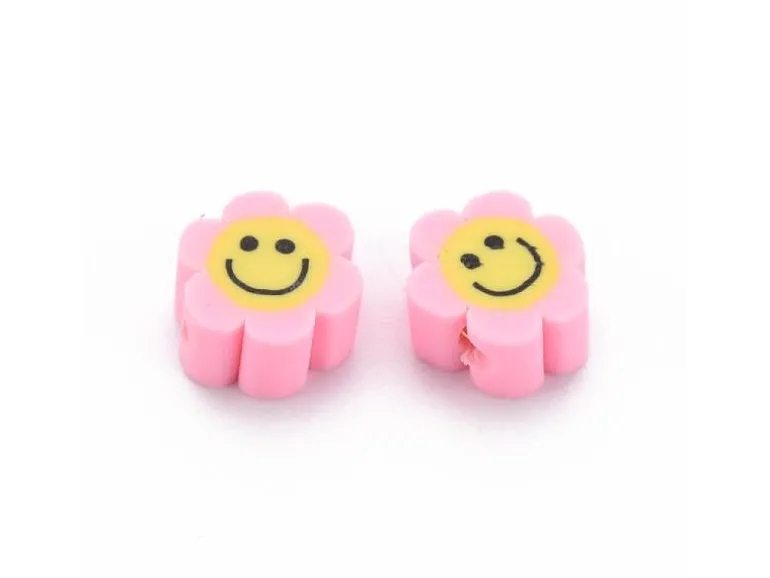 Lot de 20 perles en pâte polymère - Fleur émoticône - Rose perle