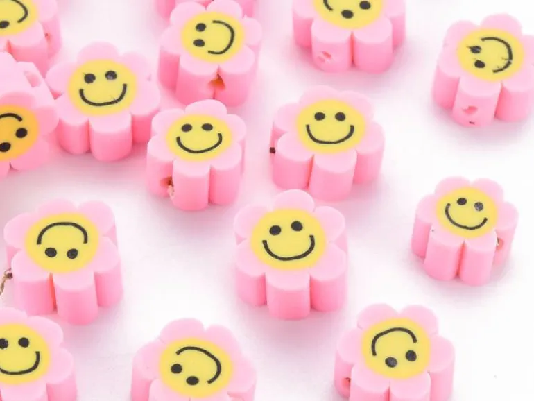 Lot de 20 perles en pâte polymère - Fleur émoticône - Rose perle