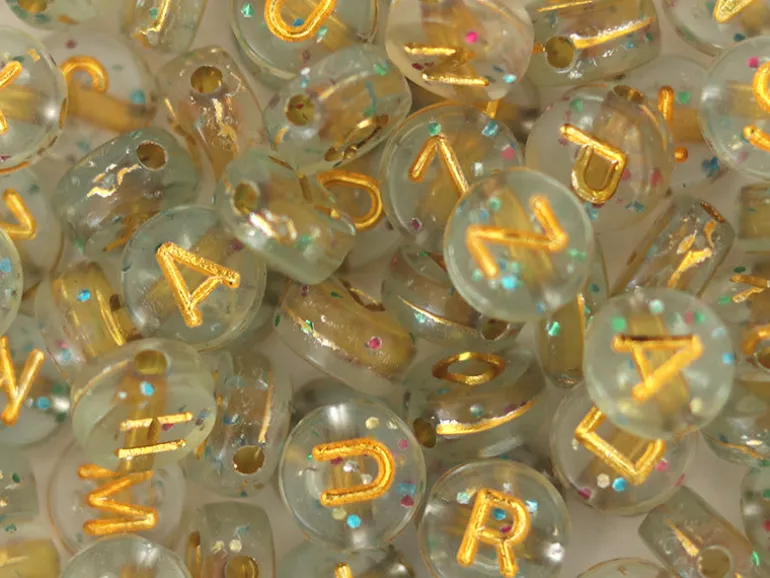 Lot de 200 perles rondes à paillettes - Lettres alphabet dorées