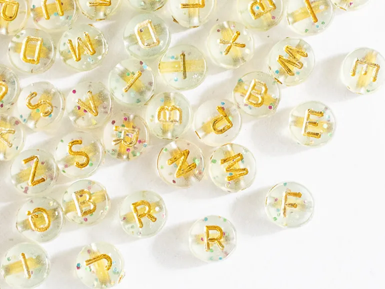 Lot de 200 perles rondes à paillettes - Lettres alphabet dorées