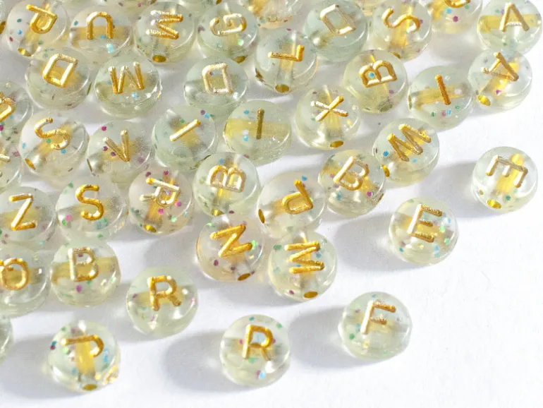 Lot de 200 perles rondes à paillettes - Lettres alphabet dorées