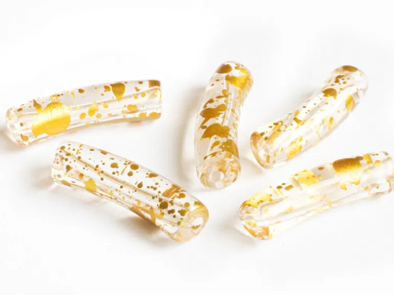 Lot de 5 perles tubes transparentes 6 mm - Doré tacheté