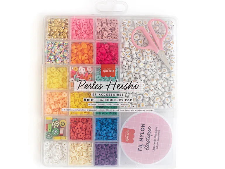 Maxi boite - 16 couleurs de perles heishi POP et accessoires + perles lettres, ciseaux et fil élastique