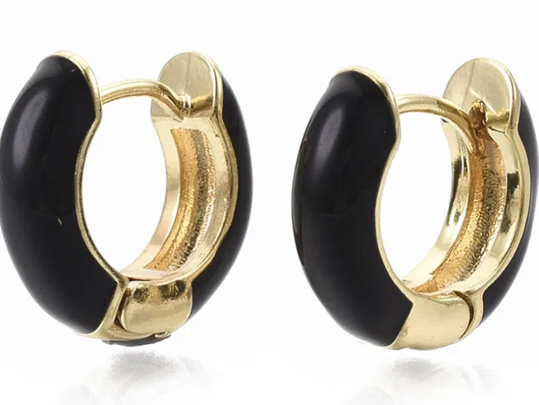 Paire de boucles d'oreilles créoles émaillées - Noir - 14 mm