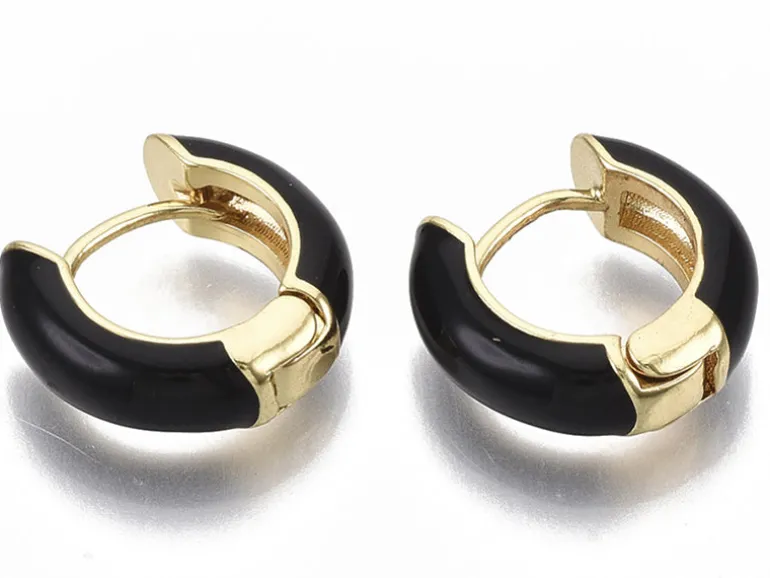 Paire de boucles d'oreilles créoles émaillées - Noir - 14 mm