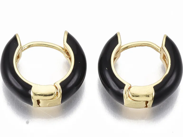 Paire de boucles d'oreilles créoles émaillées - Noir - 14 mm
