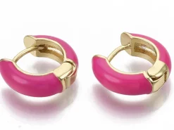 Paire de boucles d'oreilles huggie - Émaillé et doré à l'or fin - Rose vif