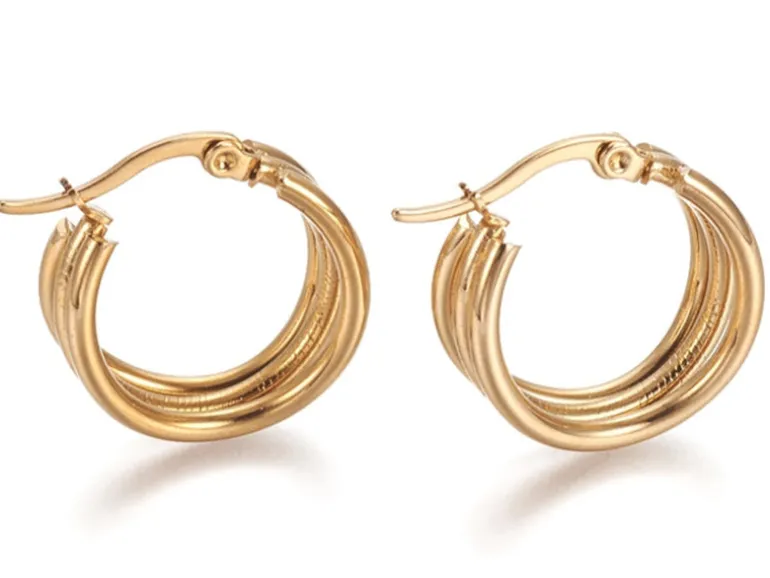 Paire de boucles d'oreilles créoles multi fils - en acier inoxydable doré- 20 mm