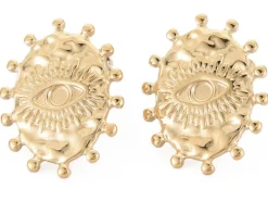 Paire de puces d'oreilles ovales ethniques - doré a l'or fin 18K - 19 x 15 mm