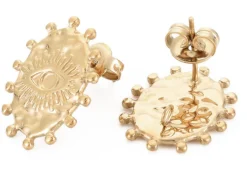 Paire de puces d'oreilles ovales ethniques - doré a l'or fin 18K - 19 x 15 mm