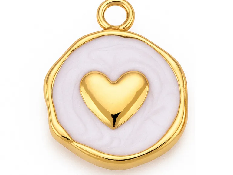 Pendentif cœur émaillé blanc en acier inoxydable 304 plaqué or 18 K