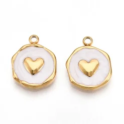 Pendentif cœur émaillé blanc en acier inoxydable 304 plaqué or 18 K