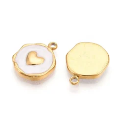 Pendentif cœur émaillé blanc en acier inoxydable 304 plaqué or 18 K