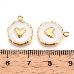 Pendentif cœur émaillé blanc en acier inoxydable 304 plaqué or 18 K
