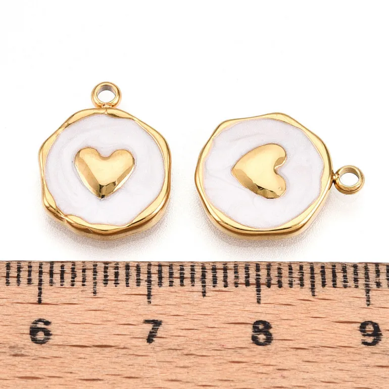 Pendentif cœur émaillé blanc en acier inoxydable 304 plaqué or 18 K