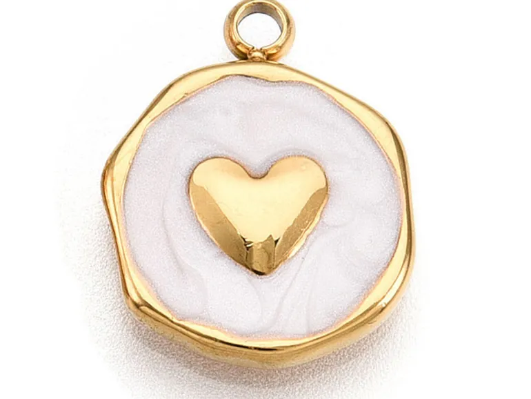 Pendentif cœur émaillé blanc en acier inoxydable 304 plaqué or 18 K