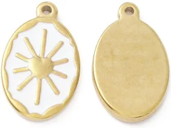 Pendentif émaillé en acier inoxydable doré - Soleil blanc- 23 x 14 mm