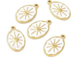 Pendentif émaillé en acier inoxydable doré - Soleil blanc- 23 x 14 mm