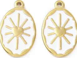 Pendentif émaillé en acier inoxydable doré - Soleil blanc- 23 x 14 mm