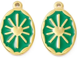 Pendentif émaillé vert - Soleil ovale - 23 x 14 mm - doré et acier inox