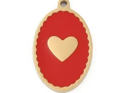 Pendentif ovale cœur émaillé rouge plaqué or 18K