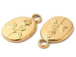 Pendentif ovale en acier inoxydable 304 avec charm fleur – Plaqué or 18K