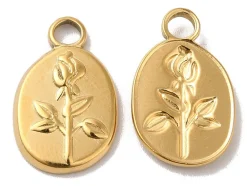 Pendentif ovale en acier inoxydable 304 avec charm fleur – Plaqué or 18K