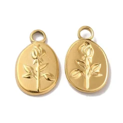 Pendentif ovale en acier inoxydable 304 avec charm fleur – Plaqué or 18K