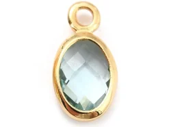 Pendentif ovale serti en verre à facettes - doré à l'or fin 18K - 9 mm - Bleu vert d'eau