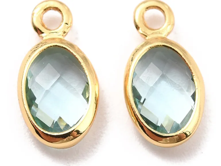 Pendentif ovale serti en verre à facettes - doré à l'or fin 18K - 9 mm - Bleu vert d'eau
