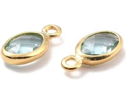 Pendentif ovale serti en verre à facettes - doré à l'or fin 18K - 9 mm - Bleu vert d'eau