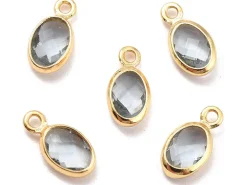 Pendentif ovale serti en verre à facettes - doré à l'or fin 18K - 9 mm - Gris