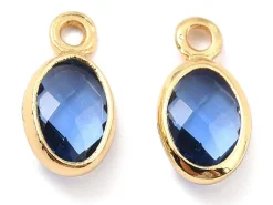 Pendentif ovale serti en verre à facettes - Doré à l'or fin 18K - 9 mm - Bleu
