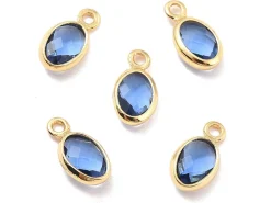 Pendentif ovale serti en verre à facettes - Doré à l'or fin 18K - 9 mm - Bleu