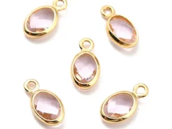 Pendentif ovale serti en verre à facettes - Doré à l'or fin 18K - 9 mm - Rose